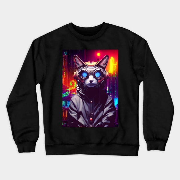 Techno Cat In Japan Neon City Crewneck Sweatshirt by star trek fanart and more